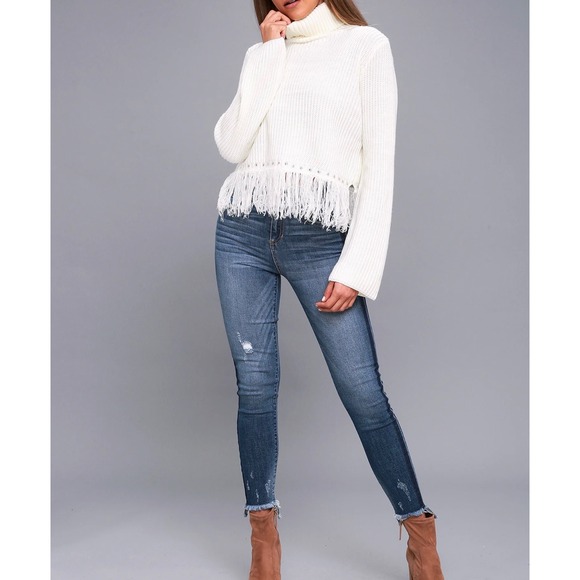 LULUS Ivory Knit Turtleneck Sweater Fringe Hem Bell Sleeve Cute Chic Small - Picture 1 of 12
